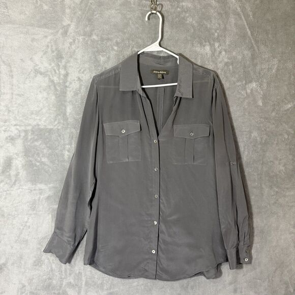 Tommy Bahama Top Womens M 100% Silk Gray Collared Roll Tab Long Sleeves READ - Picture 1 of 8